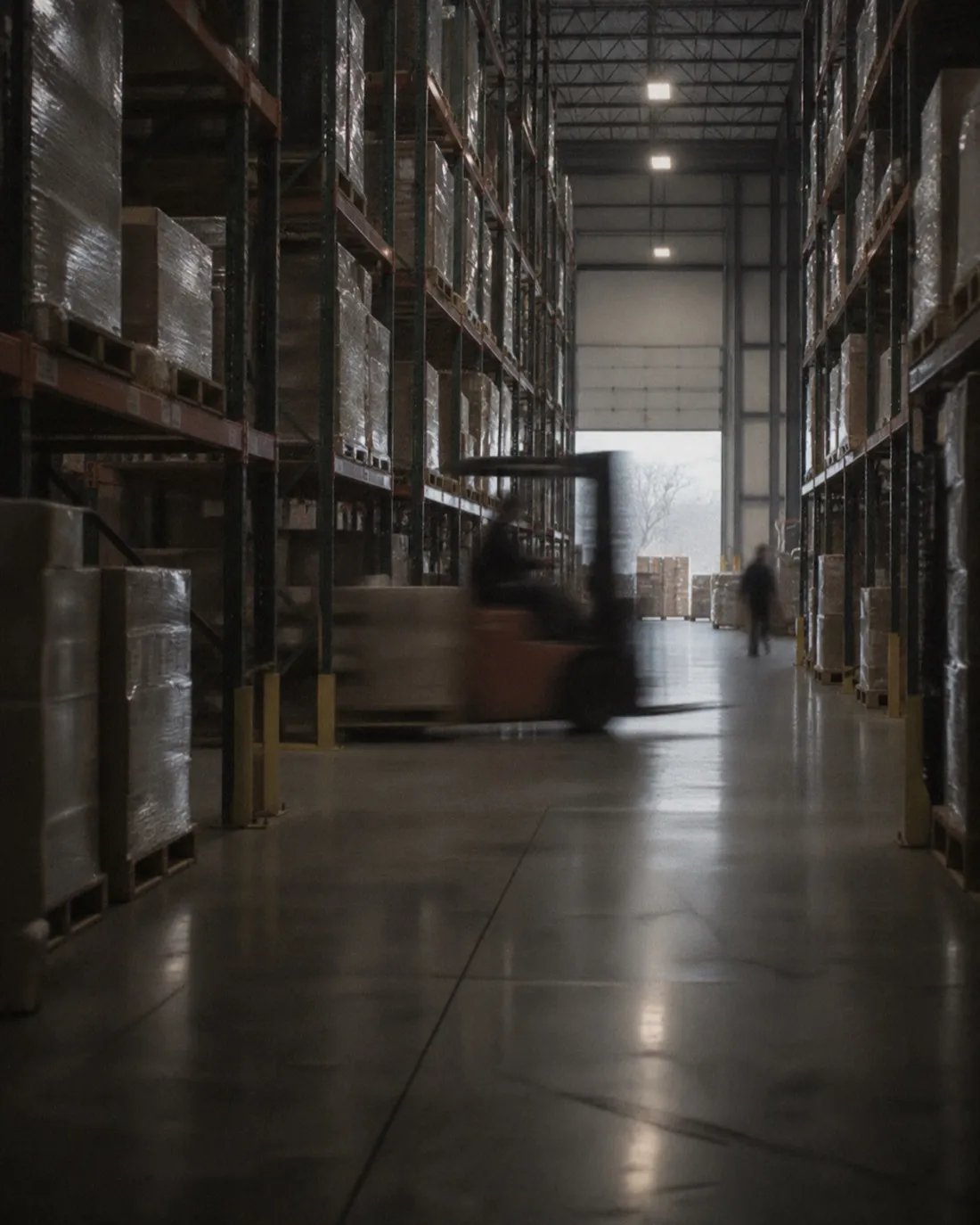 Logistics & warehousing: people at work, photographed on a slow shutter.