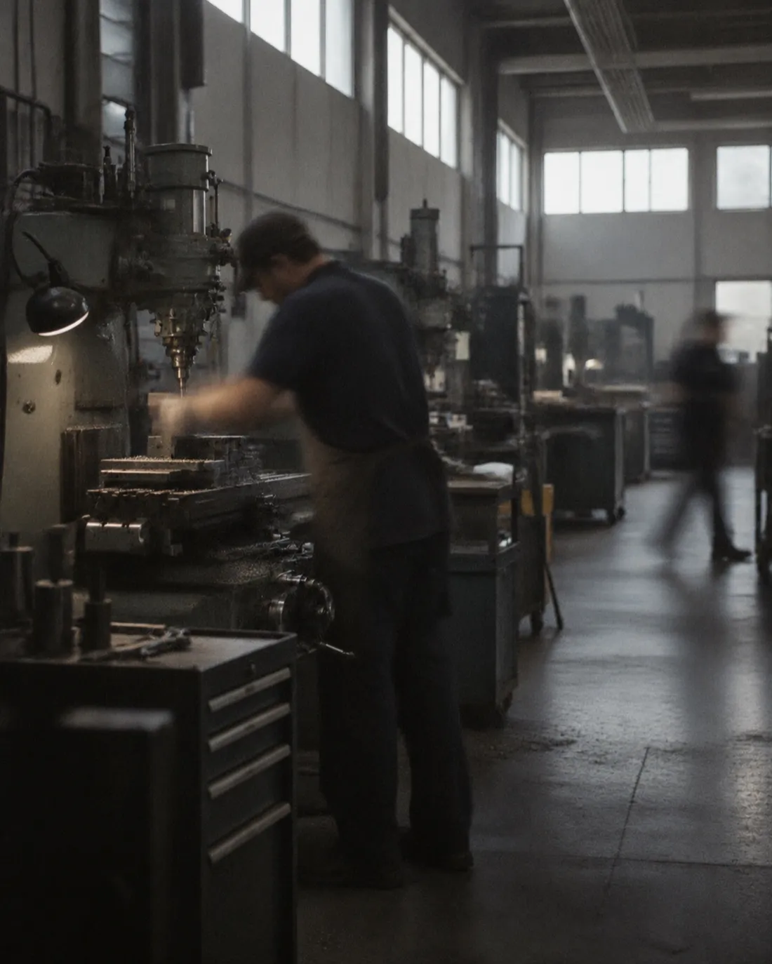 Manufacturing: people at work, photographed on a slow shutter.